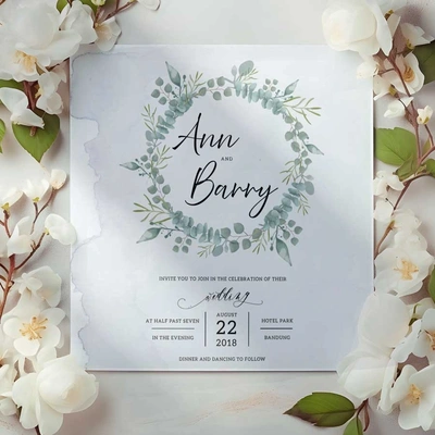 Square wedding invitation featuring a watercolour eucalyptus wreath, elegant script typography, and soft grey-blue tones. Printed on textured card stock with a torn-edge watercolour border detail.