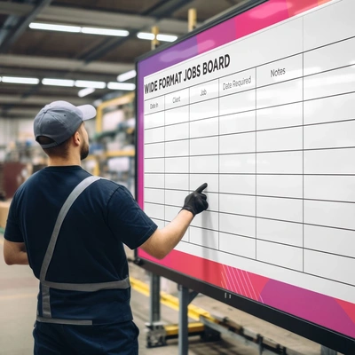  Custom printed dry-erase whiteboard with jobs board layout showing columns for date, client, job, date required and notes. Freestanding on metal frame in warehouse setting.
