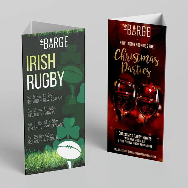 A trifold table talker tent card for promotional use in a pub. The left panel has a green theme symbolizing sports events, while the right panel has a red theme with sparkling lights indicating holida